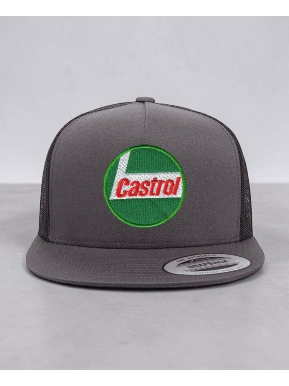 Castrol Oil Green Patch on YP Flat Bill Trucker Hat Mesh Back Snapback charcoal/